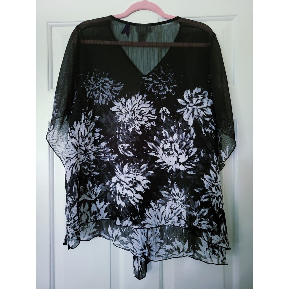 Catherine's Sheer Black/White Flutter Sleeve Top 1X 18/20 WP Petite Plus Layered